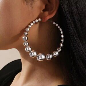 Elegant Silvertone Beaded Hoop Earrings – Classic Statement Jewelry